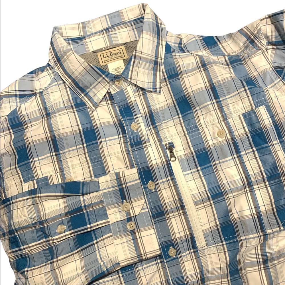 LL Bean Mens Blue Plaid Polyester Nylon Mesh Button Up Shirt Zip Pocket Size M